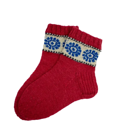 Hand-knitted wool socks in red, made from naturally dyed wool and crafted in small batches