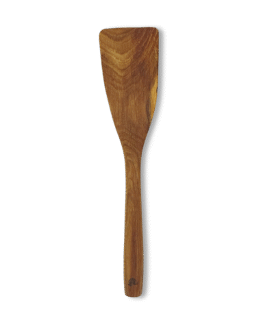 Hand-carved oak kitchen spatula with long handle, photographed on a neutral background.