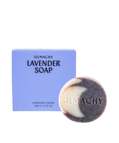 Handmade lavender soap bar with natural purple color from Alkanna root, crafted in Latvia with organic essential oil